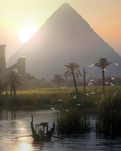 the sun is setting over some water with birds flying in front of an egyptian pyramid