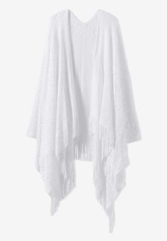 Add a little warmth (and a lot of style) to your outfit with this pretty open front shawl. An intricate weave pattern is finished with fringe for a dose of Woven Shawls, White Shawl, Occasion Dresses Wedding, Weave Pattern, Tunic Tank Tops, Woman Within, Swimsuits For All, Open Weave, Your Outfit