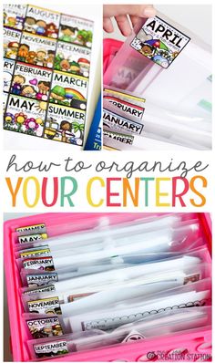 a pink plastic container filled with markers and pencils that are labeled how to organize your centers