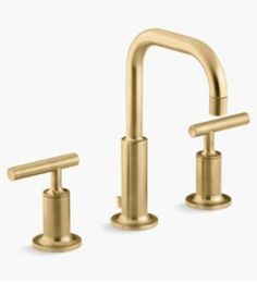 two faucets, one with handles and the other with handsets in gold