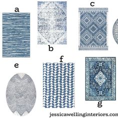 the different rugs are shown in blue and white