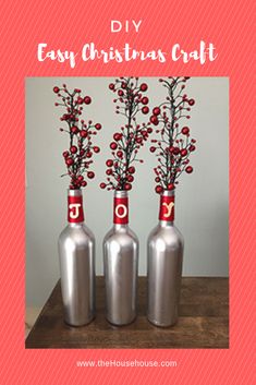 three bottles with red berries in them and the words diy easy christmas craft