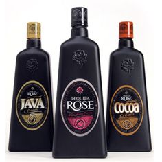 three bottles of different types of liquor on a white background, one is black and the other is red