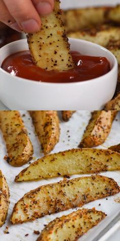 a person dipping some kind of sauce into french fries with ketchup on the side