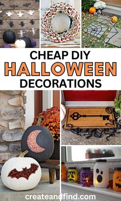 Collage of indoor and outdoor DIY Halloween decor ideas. Indoor Halloween Decorations Diy, Halloween Diy Decorations Indoor, Diy Halloween Pumpkins, Cheap Diy Halloween, Halloween Centerpieces, Cheap Halloween Diy, Diy Halloween Dekoration, Spooky Diy