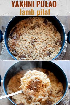 an image of some food being cooked in a skillet with the words yakni pulao on it