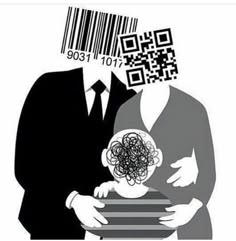 a man holding a baby in his arms with a bar code above it's head