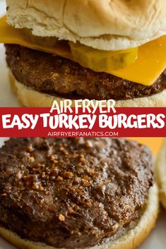 an air fryer hamburger with cheese on top and the words easy turkey burgers above it