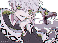 an anime character with white hair and green eyes, holding his hand to his mouth