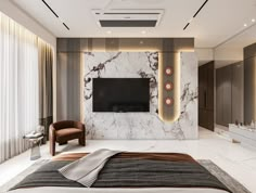 an elegant bedroom with marble walls and flooring, along with a large tv mounted on the wall