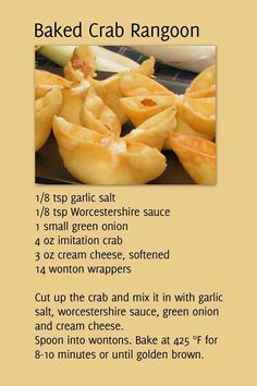 the recipe for baked crab rangoon is shown in english and chinese words, along with instructions on how to bake them