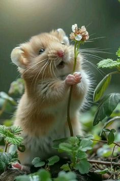 a small hamster is holding a flower in its mouth while standing on it's hind legs