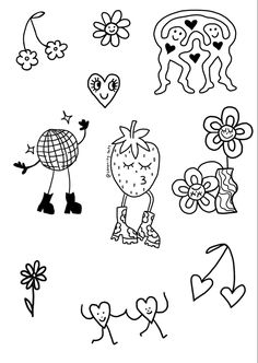 an image of some cartoon characters with hearts and flowers in the background, black and white