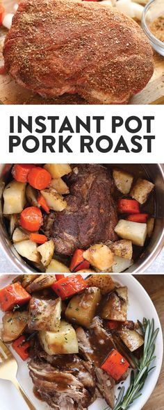 instant pot roast recipe with potatoes, carrots and meat in the middle on a white plate