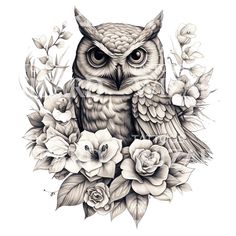 an owl with flowers and leaves on it's head is shown in black and white