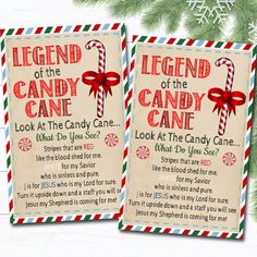 two christmas cards with candy canes and the words legend of the candy cane on them