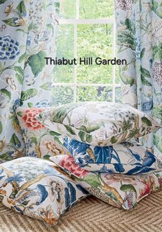 High end floral window curtains. Lined. Pinch pleats in two or three finger style. Please contact me with your measurements for a price quote for your project. ALL SIZES LISTED ON REQUEST OR I WILL CRESTE S SPECIAL LISTING FOR YOUR PROJECT. Throw pillows and other items also made on request. FABRIC: Thibaut Hill Garden  Photos courtesy of Thibaut and Fabric world. I will purchase the fabric from Fabric World for these drapes. Drapes pleated to 27"W measure 50"W before pleats / single width Drape Thibaut Honshu, Ikat Curtains, Thibaut Fabric, Finger Style, Hill Garden, Curtains Floral, Pleat Curtains, Garden On A Hill, Pinch Pleat Curtains