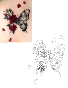 a tattoo with roses and butterflies on it