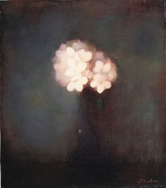 a painting of a vase with flowers in it on a dark background, lit up by the light of a candle