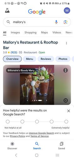 an image of the restaurant and rooftop menu on google's search results page, which is highlighted in the bottom right hand corner