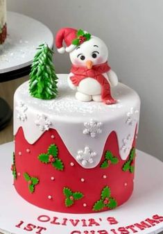 a frosted christmas cake with a snowman on top