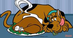 a cartoon dog laying on top of a plate with food in it's mouth