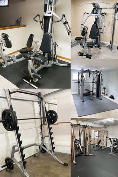 there are many different types of gym equipment in this photo collage, including an exercise machine