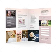 a pink wedding brochure with photos and flowers on the front, inside and out