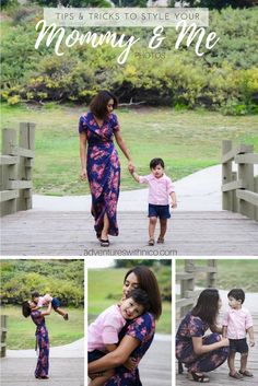 a mother and her child holding hands while walking across a bridge with the words mommy and me above them