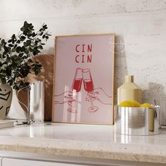 a framed poster with the words cin cin and two glasses of wine on it