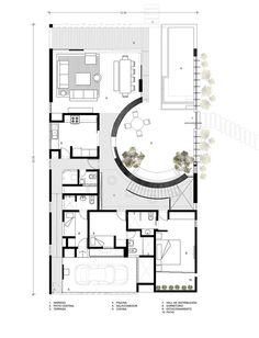 the floor plan for this modern house shows an open living area, and a circular staircase