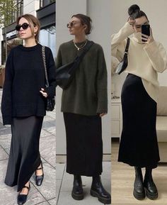 #style Layered Silk Dress Outfit, Skirt Fall 2023, Black Velvet Skirt Outfit Fall, Winter Bridal Luncheon Outfit, Fall Minimalist Outfit 2023, Sweaters Over Collared Shirts, Maxi Velvet Skirt Outfit, Plus Size Minimalist Outfits Winter, Long Black Skirt With Sweater