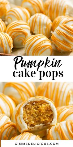 pumpkin cake pops with caramel drizzled on top and white chocolate in the middle