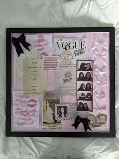 a pink and black framed collage with pictures, papers, and bows on it