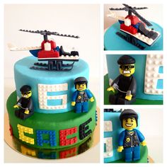 a cake with lego figures on it and an airplane in the background, all made out of legos