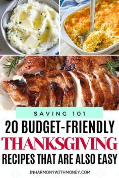 thanksgiving dinner with turkey, mashed potatoes and gravy on the side text reads saving 101 budget - friendly thanksgiving recipes that are also easy