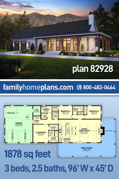 In total, Rectangle Ranch House Plan 82928 offers 1,878 square feet of living space, 3 bedrooms, and 2.5 bathrooms. Let’s take a look at the contemporary features that are camouflaged into this old western-looking design. Firstly, the home has a 3 car garage—two bays face front, and the 3rd bay is a side-entry. Overall, the attached garage is 791 square feet, and it measures 23’10 wide by 31’6 deep. Each door is 9′ wide and 10′ tall. Ranch Style Additions, Barndominium Floor Plans 1600 Sq Ft, Simple One Level House Plans, Barndominium Ideas 1600 Sq Ft, Rectangular House Floor Plan, House Plans With Natural Light, Barndominium Ideas With Fireplace, Affordable Ranch House Plans, Ranch Homes Plans