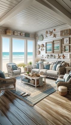 a living room filled with lots of furniture next to a large window covered in seashells