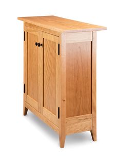 a wooden cabinet with two doors and one drawer on the front side, against a white background