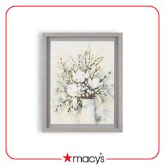 a watercolor painting of flowers in a vase on a white wall with grey frame