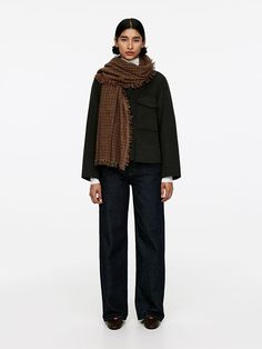 Light Wool Scarf - Brown/Checkered - ARKET WW Brown Wool Shawl Scarf, Classic Wool Scarves For Fall, Casual Wool Scarves For Fall, Brown Wool Shawl For Winter, Wool Scarves For Workwear In Winter, Brown Wool Shawl For Fall, Fall Wool Shawl, Fall Wool Outerwear With Scarf, Wool Shawl For Fall