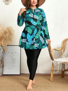 Women's Plus Size Stylish Summer Beach Long Sleeve Tropical Print Burkini Set Multicolor    Knitted Fabric Tropical,Plants,All Over Print  Medium Stretch  Women Plus Clothing, size features are:Bust: ,Length: ,Sleeve Length: Beach Outfits Women Plus Size, Modest Swimsuits For Women, Chic Ootd, Summer Style Guide, Plus Size Tankini, Modest Swimsuits, Best Swimsuits, Fashion Guide, Beach Outfits