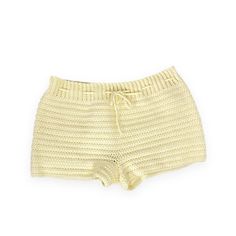 Vintage off white crochet short shorts  Super light yellow off white color  Mid rise with short inseam  Ribbed waist with waist tie  No tags, about 2" of stretch  Size small/medium  14-16" Waist 16"-19" Hip  10" Length  11" Rise  2" Inseam measured flat  see link for measurement guide  https://www.happiestworld.net/blog Listed Price includes US Shipping White Crochet Shirt, White Crochet Shorts, Yellow Crochet, Micro Shorts, Crochet Short, Crochet Shorts, Crochet Shirt, Crochet Inspo, Pastel Yellow