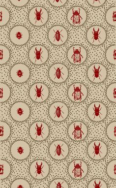 a pattern with red and blue bugs on it