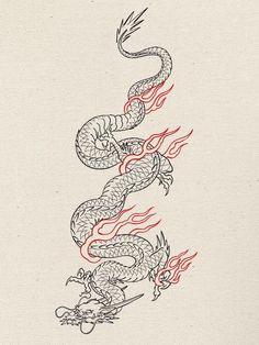 a drawing of a dragon with flames coming out of it's mouth and tail