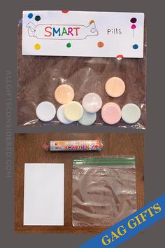 the contents of a craft kit including buttons, paper and glue on a wooden table