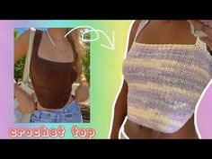 a crocheted top is shown with an image of a woman's torso