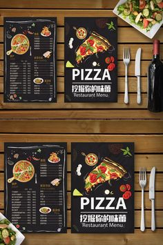 two pizza menus sitting on top of a wooden table