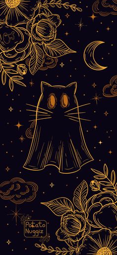 Celestial-themed cat ghost with flowers, clouds, stars and moon Ghost Face Phone Wallpaper, Celestial Halloween Wallpaper, Cat Halloween Wallpaper Iphone, Fall Black Cat Wallpaper, Cute Ghost Phone Wallpaper, Art Phone Backgrounds, Cute Ghost Background, Cute Spooky Season Wallpaper, Witchy Iphone Background