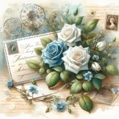 a bouquet of blue and white roses on top of an old envelope with postage stamps